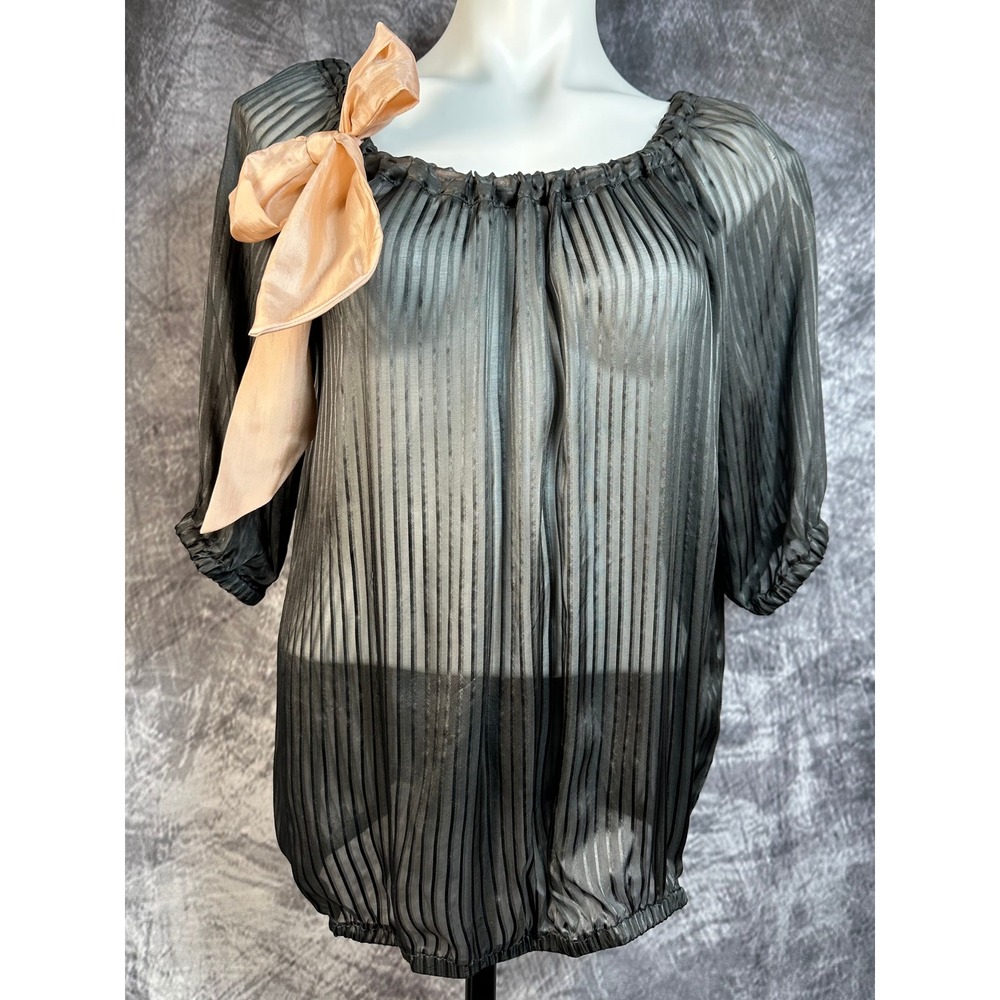 Trinity Blouse Women Medium Gray 100% Silk Sheer Striped Bow Accent